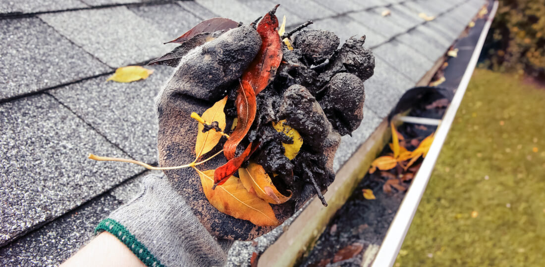 Close-up of a gloved hand removing mud and leaves from a gutter